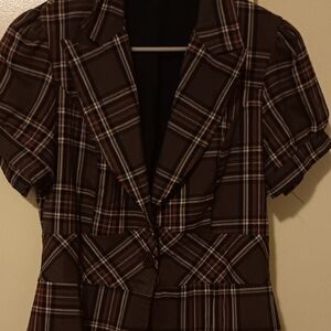 Brown Plaid Short Sleeve Cropped Jacket Blouse